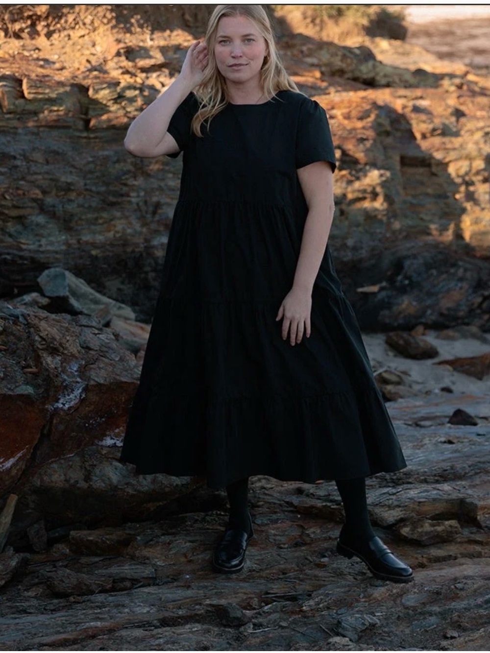 NWT Tradlands CHALET TIERED DRESS COTTON BLACK COTTON POPLIN Midi 1X